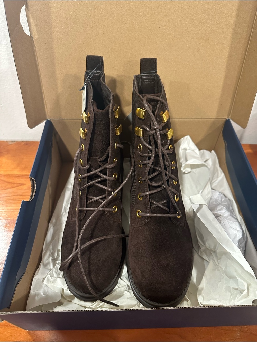 Cole Haan Dark Brown Suede Lace-Up Combat Boots with Gold Hardware - Picture 5 of 5